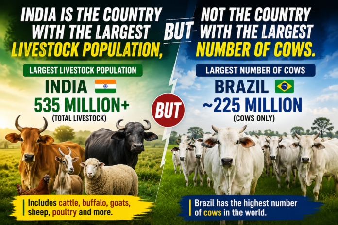 India is the country with the largest livestock population, but not the country with the largest number of cows.